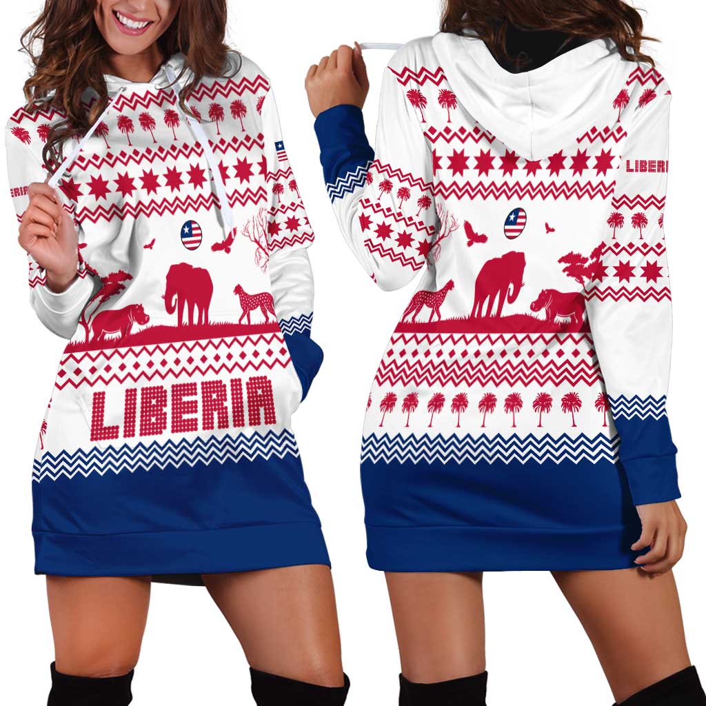 Liberia Christmas Hoodie Dress with Red Wildlife Silhouettes and White Blue Holiday - Wonder Print Shop