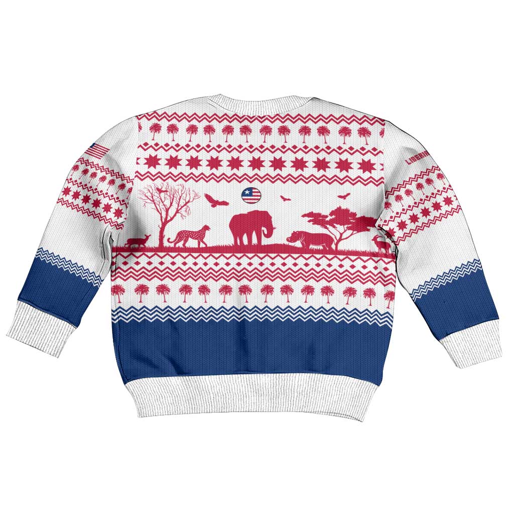 Liberia Christmas Kid Ugly Christmas Sweater with Red Wildlife Silhouettes and White Blue Holiday - Wonder Print Shop
