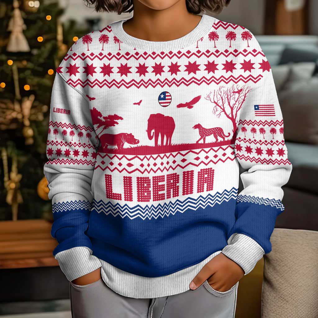 Liberia Christmas Kid Ugly Christmas Sweater with Red Wildlife Silhouettes and White Blue Holiday - Wonder Print Shop