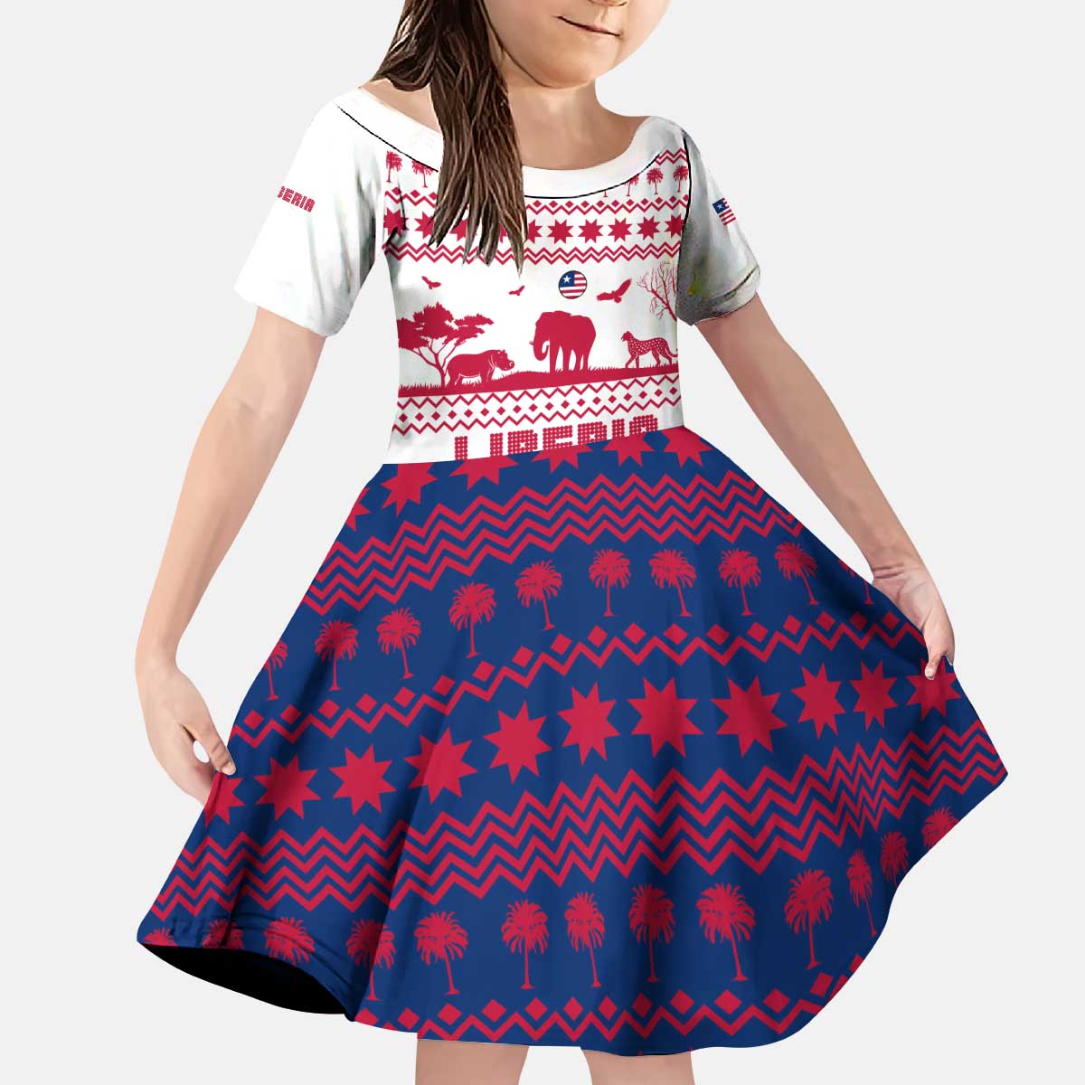 Liberia Christmas Kid Short Sleeve Dress with Red Wildlife Silhouettes and White Blue Holiday - Wonder Print Shop