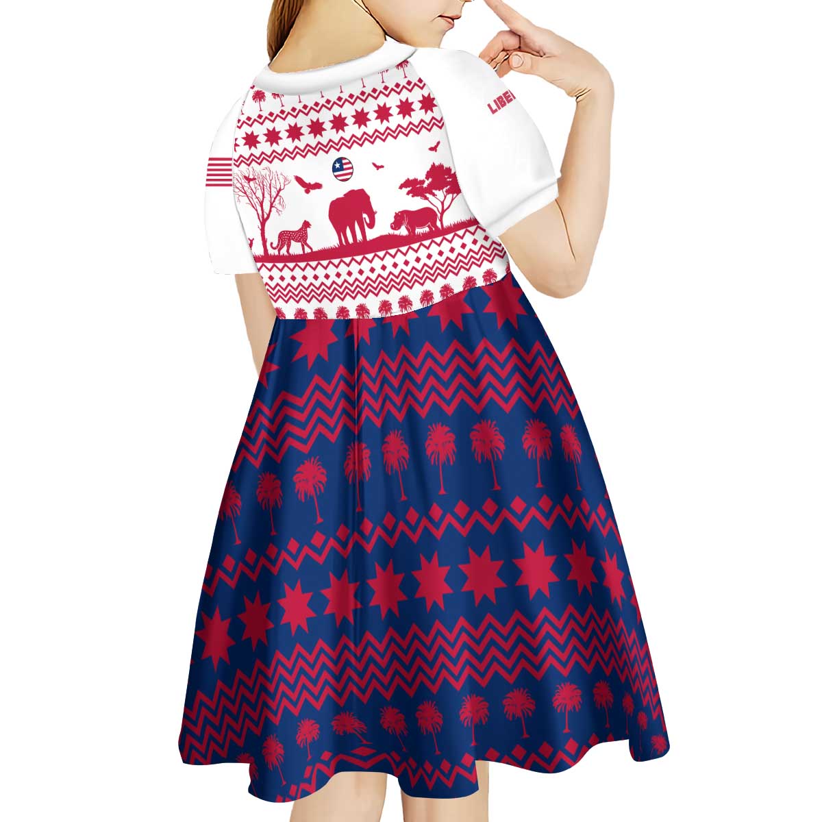 Liberia Christmas Kid Short Sleeve Dress with Red Wildlife Silhouettes and White Blue Holiday - Wonder Print Shop