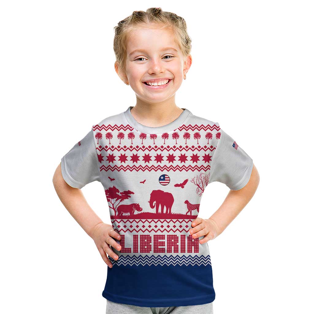 Liberia Christmas Kid T Shirt with Red Wildlife Silhouettes and White Blue Holiday - Wonder Print Shop
