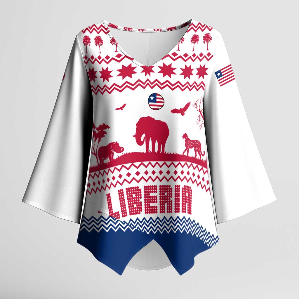 Liberia Christmas Kimono Sleeve Blouse with Red Wildlife Silhouettes and White Blue Holiday - Wonder Print Shop