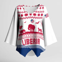 Liberia Christmas Kimono Sleeve Blouse with Red Wildlife Silhouettes and White Blue Holiday - Wonder Print Shop