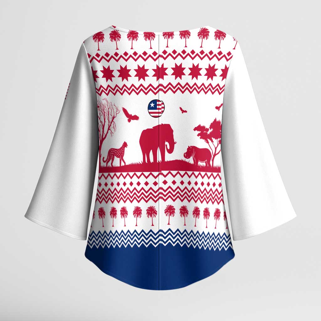 Liberia Christmas Kimono Sleeve Blouse with Red Wildlife Silhouettes and White Blue Holiday - Wonder Print Shop