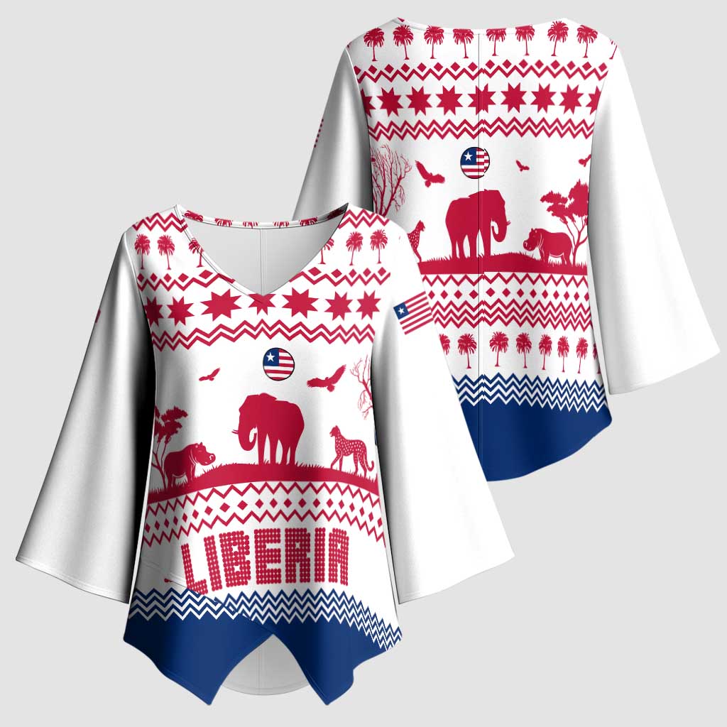 Liberia Christmas Kimono Sleeve Blouse with Red Wildlife Silhouettes and White Blue Holiday - Wonder Print Shop