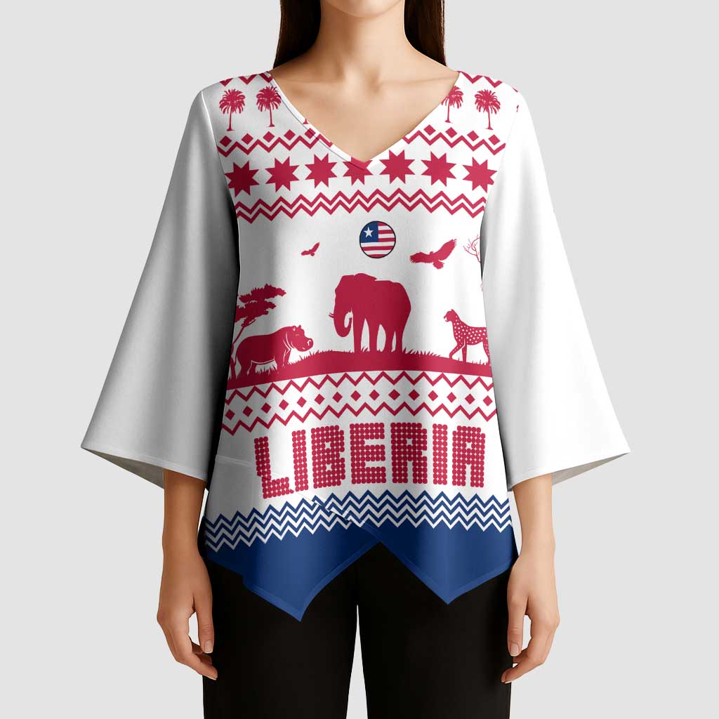 Liberia Christmas Kimono Sleeve Blouse with Red Wildlife Silhouettes and White Blue Holiday - Wonder Print Shop
