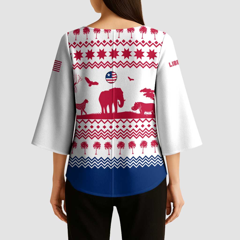 Liberia Christmas Kimono Sleeve Blouse with Red Wildlife Silhouettes and White Blue Holiday - Wonder Print Shop