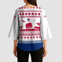 Liberia Christmas Kimono Sleeve Blouse with Red Wildlife Silhouettes and White Blue Holiday - Wonder Print Shop