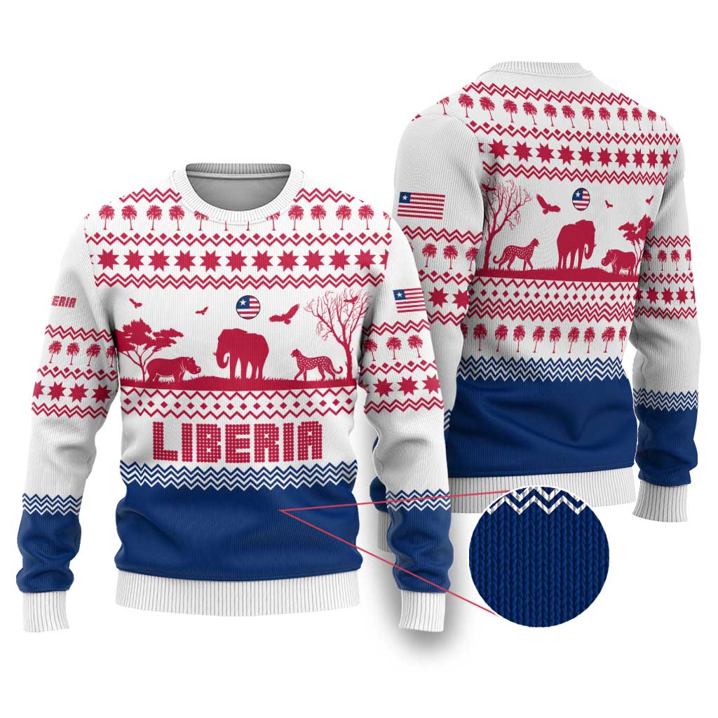 Liberia Christmas Ugly Christmas Sweater with Red Wildlife Silhouettes and White Blue Holiday - Wonder Print Shop