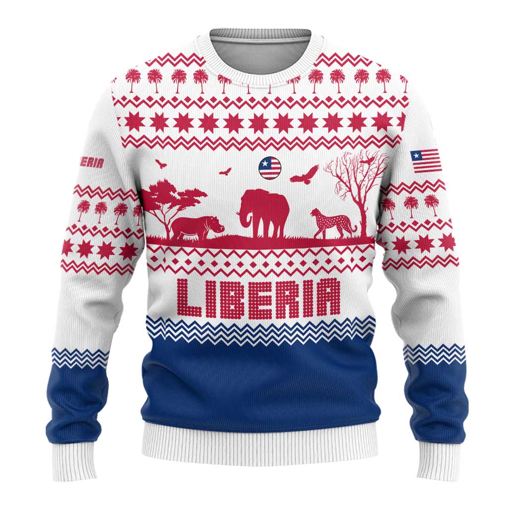 Liberia Christmas Ugly Christmas Sweater with Red Wildlife Silhouettes and White Blue Holiday - Wonder Print Shop