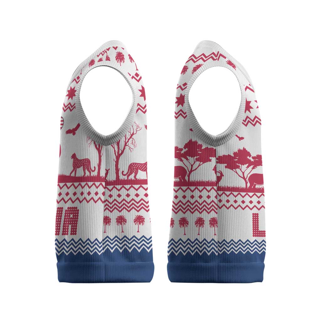 Liberia Christmas Knitted V-Neck Vest with Red Wildlife Silhouettes and White Blue Holiday - Wonder Print Shop