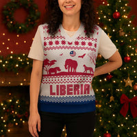 Liberia Christmas Knitted V-Neck Vest with Red Wildlife Silhouettes and White Blue Holiday - Wonder Print Shop