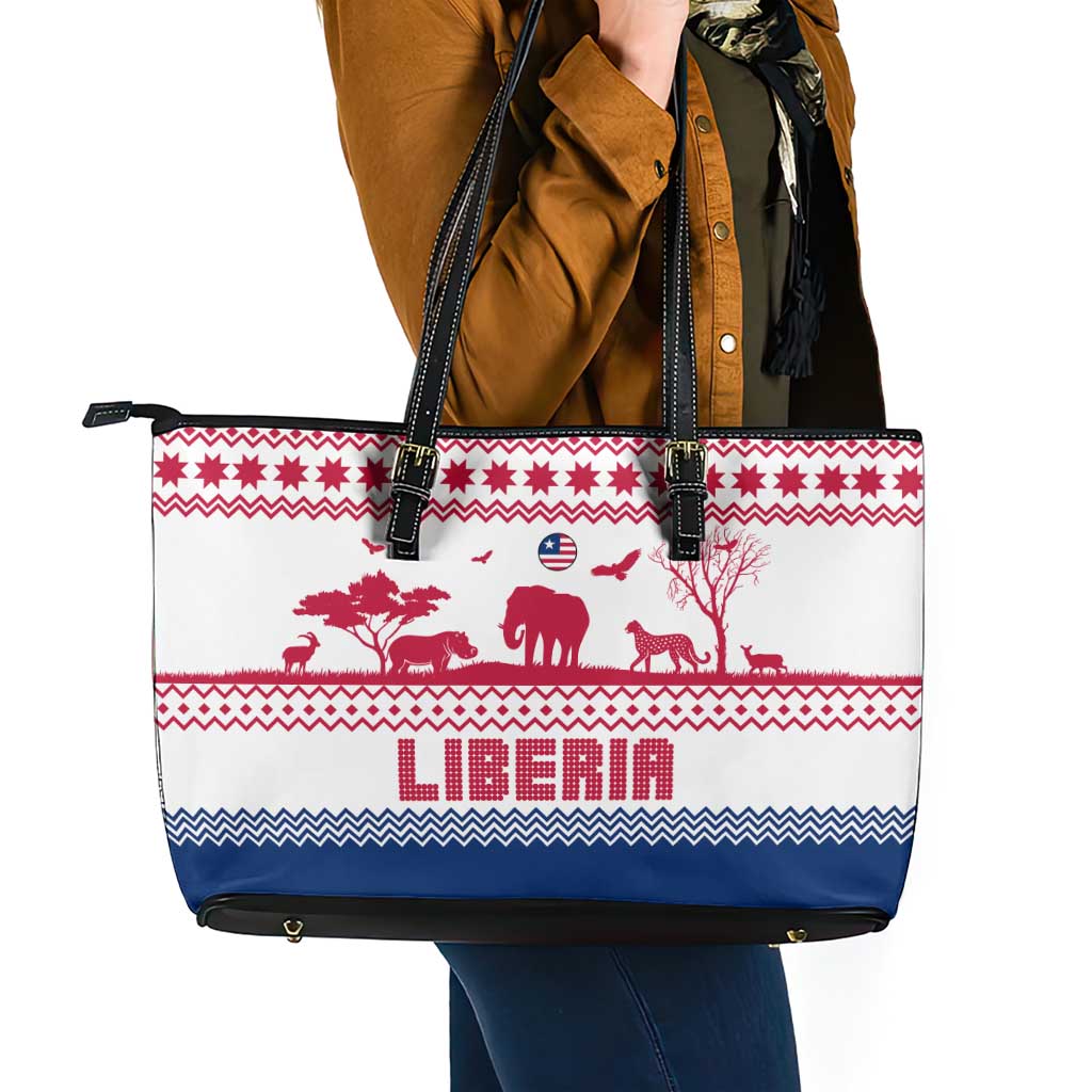 Liberia Christmas Leather Tote Bag with Red Wildlife Silhouettes and White Blue Holiday - Wonder Print Shop