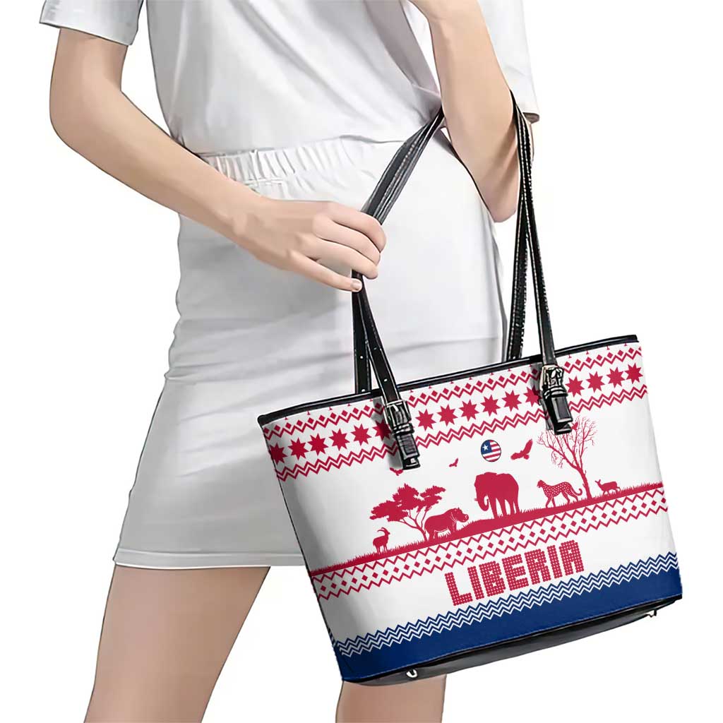 Liberia Christmas Leather Tote Bag with Red Wildlife Silhouettes and White Blue Holiday - Wonder Print Shop