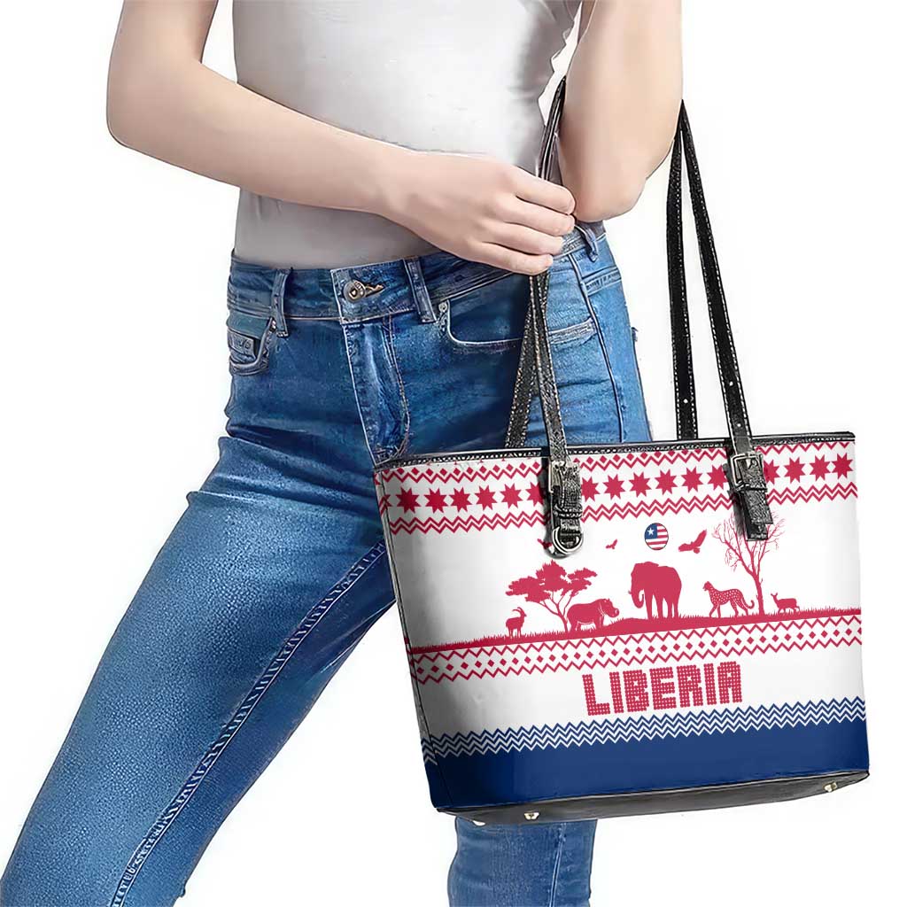 Liberia Christmas Leather Tote Bag with Red Wildlife Silhouettes and White Blue Holiday - Wonder Print Shop