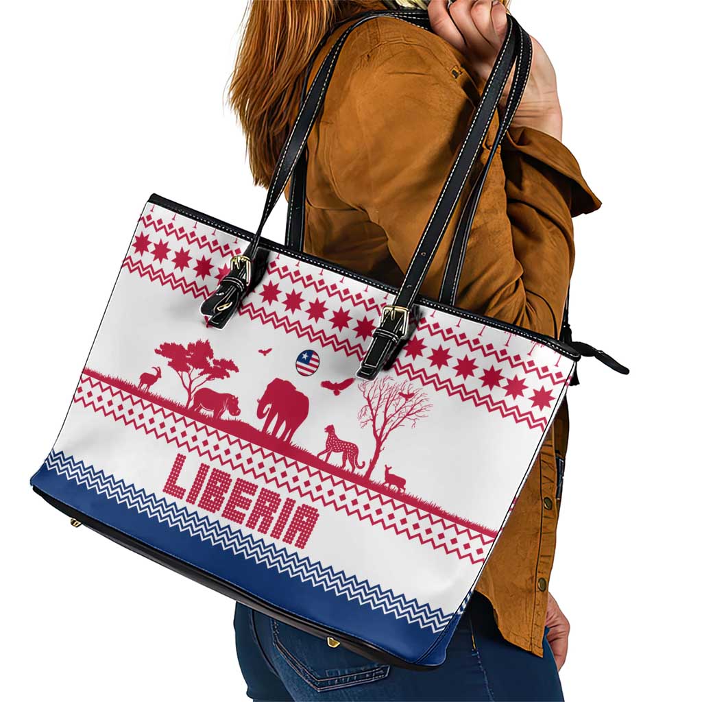 Liberia Christmas Leather Tote Bag with Red Wildlife Silhouettes and White Blue Holiday - Wonder Print Shop