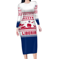 Liberia Christmas Long Sleeve Bodycon Dress with Red Wildlife Silhouettes and White Blue Holiday - Wonder Print Shop