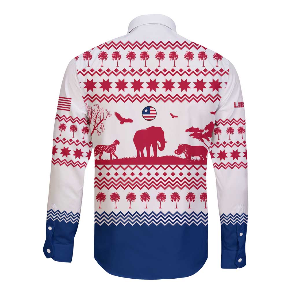 Liberia Christmas Long Sleeve Button Shirt with Red Wildlife Silhouettes and White Blue Holiday - Wonder Print Shop