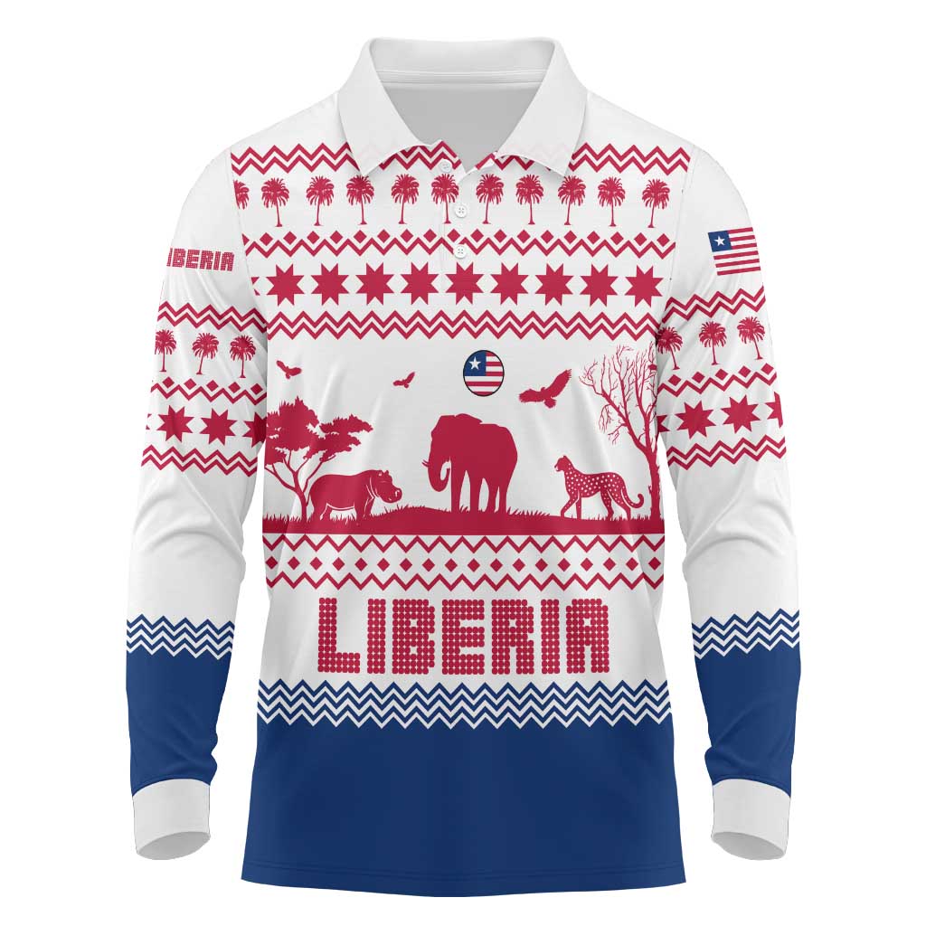 Liberia Christmas Long Sleeve Polo Shirt with Red Wildlife Silhouettes and White Blue Holiday - Wonder Print Shop