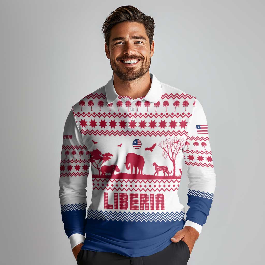 Liberia Christmas Long Sleeve Polo Shirt with Red Wildlife Silhouettes and White Blue Holiday - Wonder Print Shop