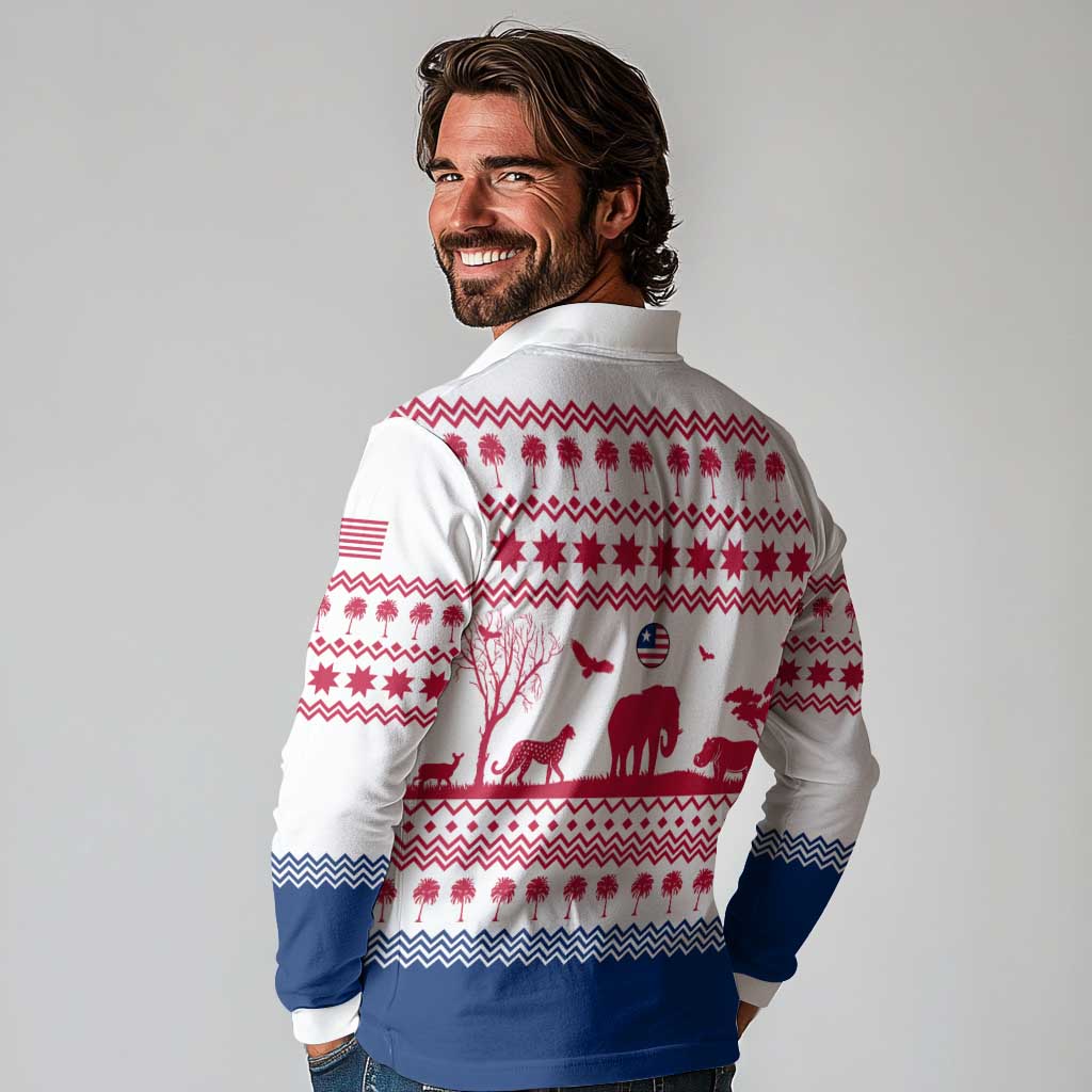 Liberia Christmas Long Sleeve Polo Shirt with Red Wildlife Silhouettes and White Blue Holiday - Wonder Print Shop