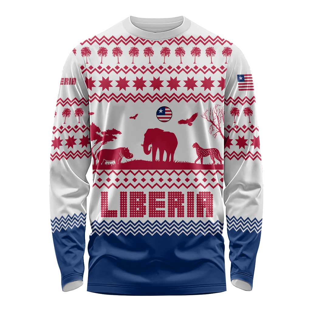 Liberia Christmas Long Sleeve Shirt with Red Wildlife Silhouettes and White Blue Holiday - Wonder Print Shop