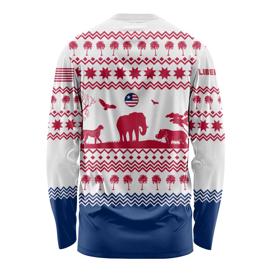 Liberia Christmas Long Sleeve Shirt with Red Wildlife Silhouettes and White Blue Holiday - Wonder Print Shop