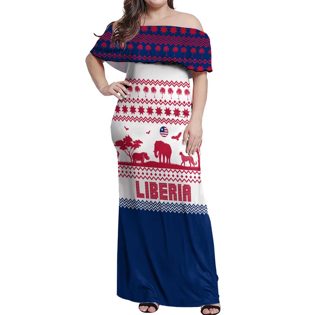 Liberia Christmas Off Shoulder Maxi Dress with Red Wildlife Silhouettes and White Blue Holiday - Wonder Print Shop