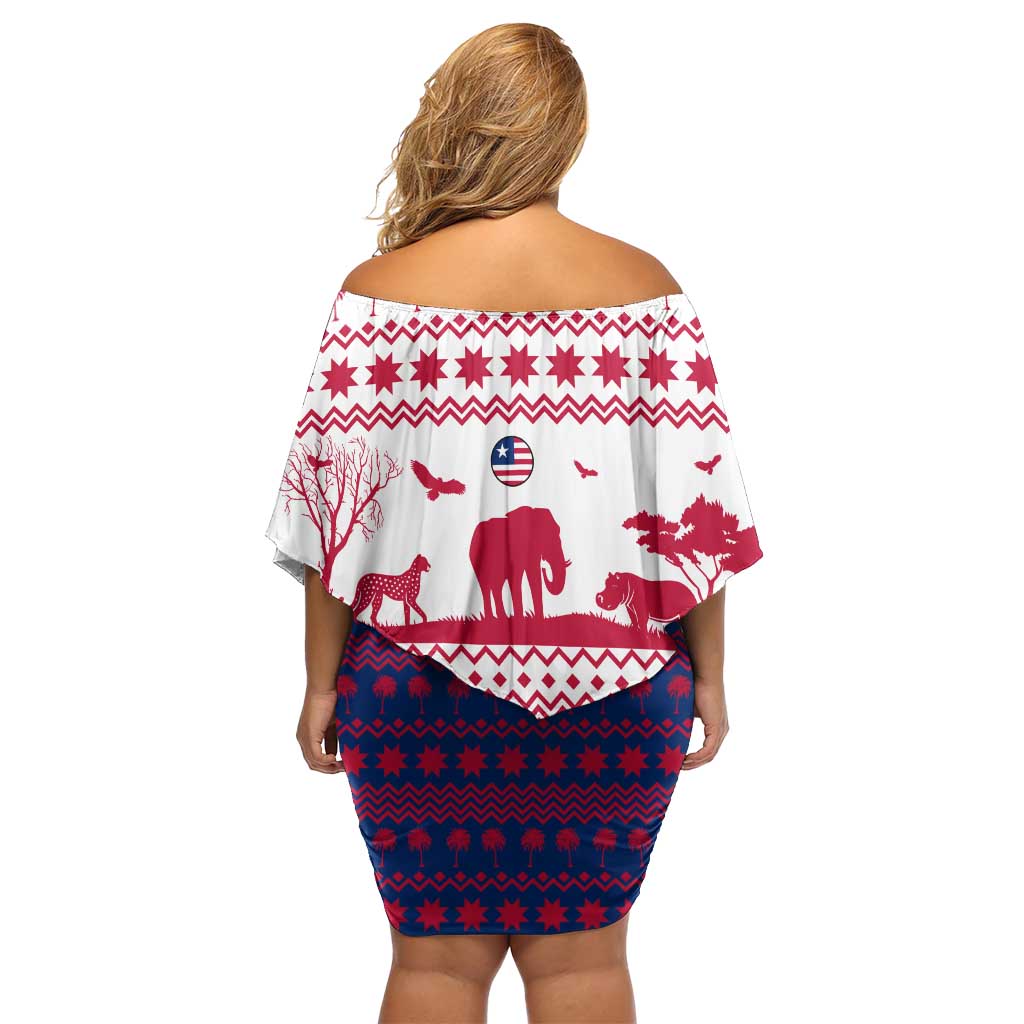 Liberia Christmas Off Shoulder Short Dress with Red Wildlife Silhouettes and White Blue Holiday - Wonder Print Shop