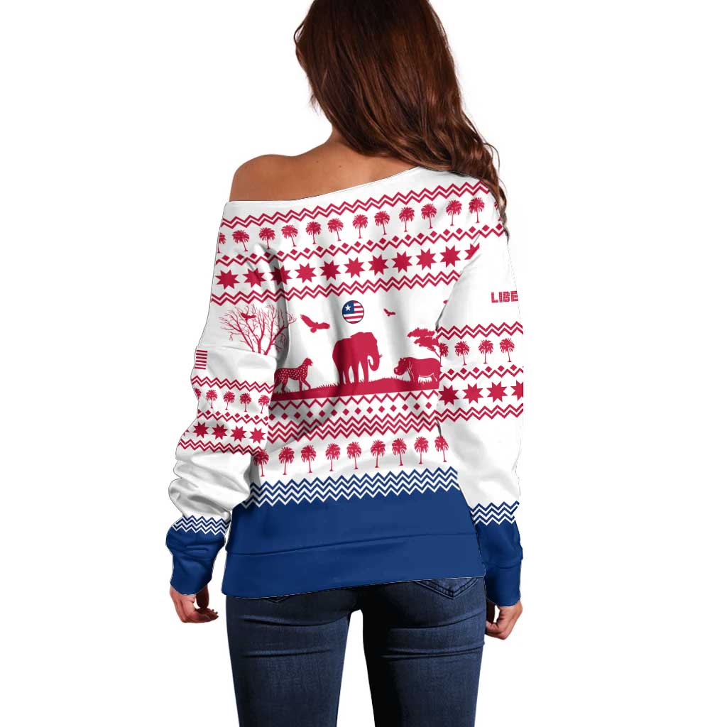 Liberia Christmas Off Shoulder Sweater with Red Wildlife Silhouettes and White Blue Holiday - Wonder Print Shop