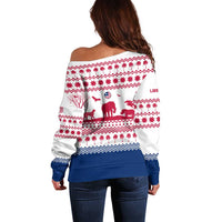 Liberia Christmas Off Shoulder Sweater with Red Wildlife Silhouettes and White Blue Holiday - Wonder Print Shop