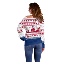 Liberia Christmas Off Shoulder Sweater with Red Wildlife Silhouettes and White Blue Holiday - Wonder Print Shop