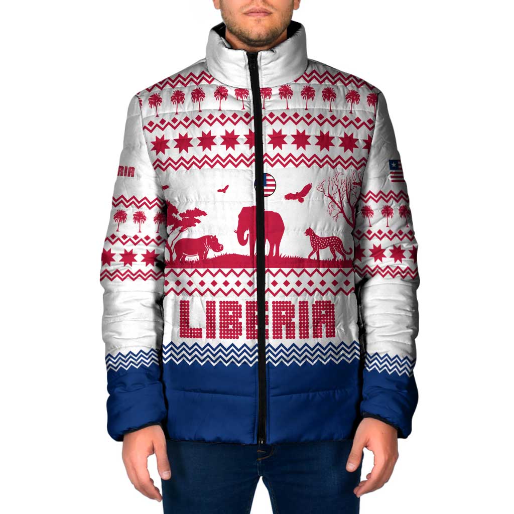 Liberia Christmas Padded Jacket with Red Wildlife Silhouettes and White Blue Holiday - Wonder Print Shop