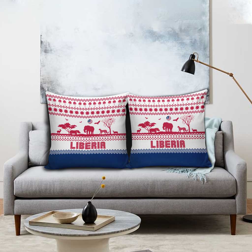 Liberia Christmas Pillow Cover with Red Wildlife Silhouettes and White Blue Holiday - Wonder Print Shop