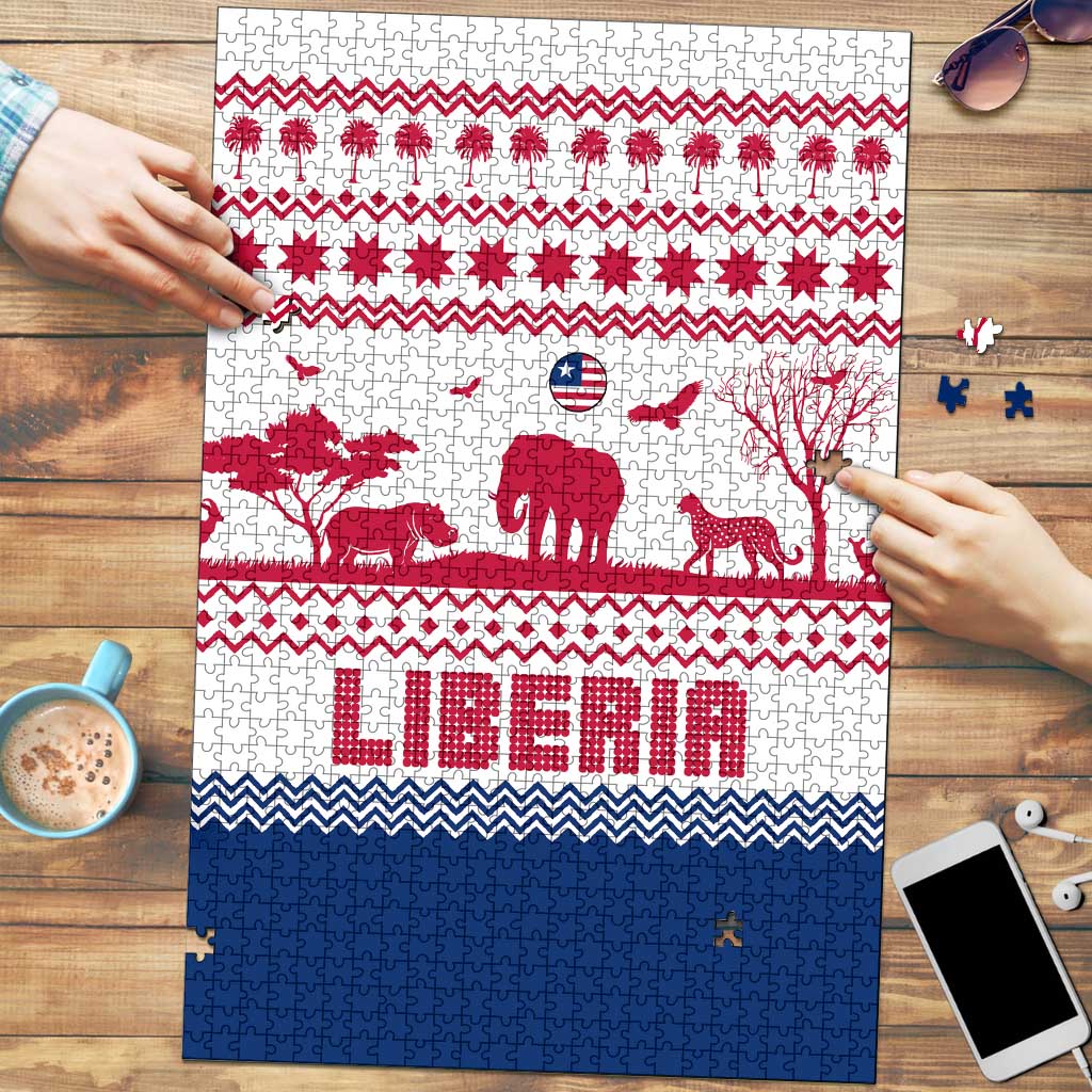Liberia Christmas Puzzle with Red Wildlife Silhouettes and White Blue Holiday - Wonder Print Shop