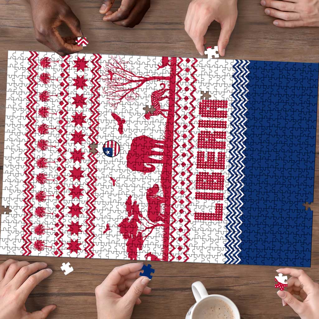Liberia Christmas Puzzle with Red Wildlife Silhouettes and White Blue Holiday - Wonder Print Shop