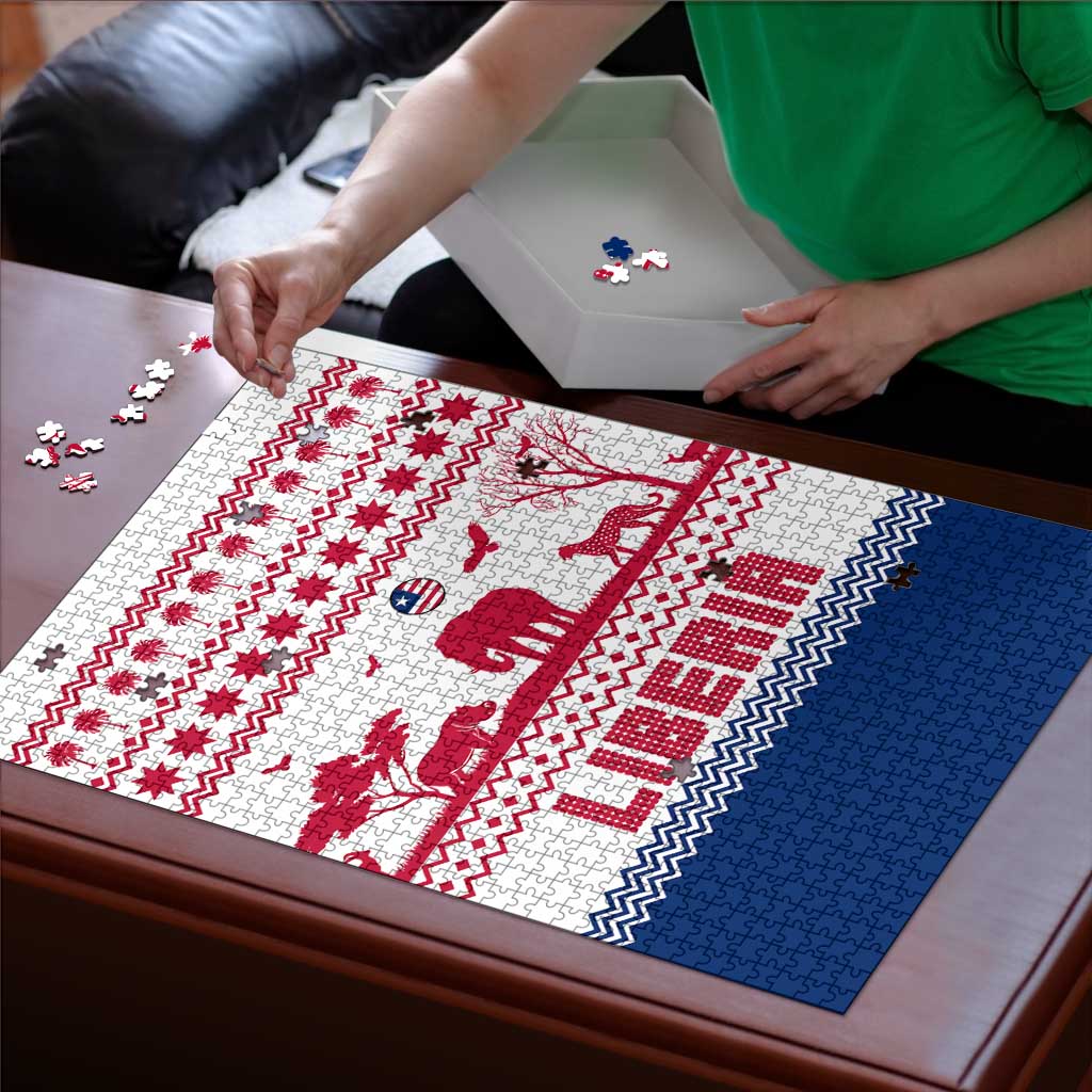 Liberia Christmas Puzzle with Red Wildlife Silhouettes and White Blue Holiday - Wonder Print Shop