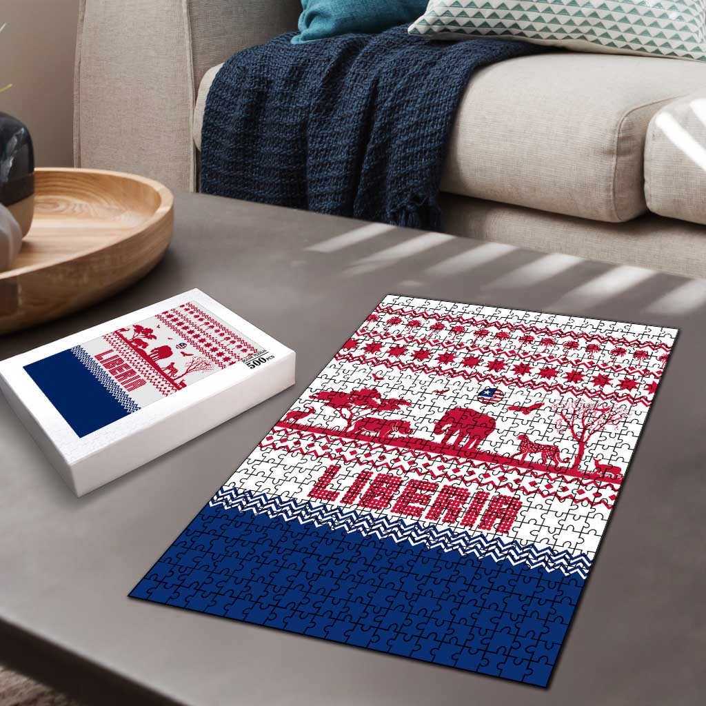 Liberia Christmas Puzzle with Red Wildlife Silhouettes and White Blue Holiday - Wonder Print Shop