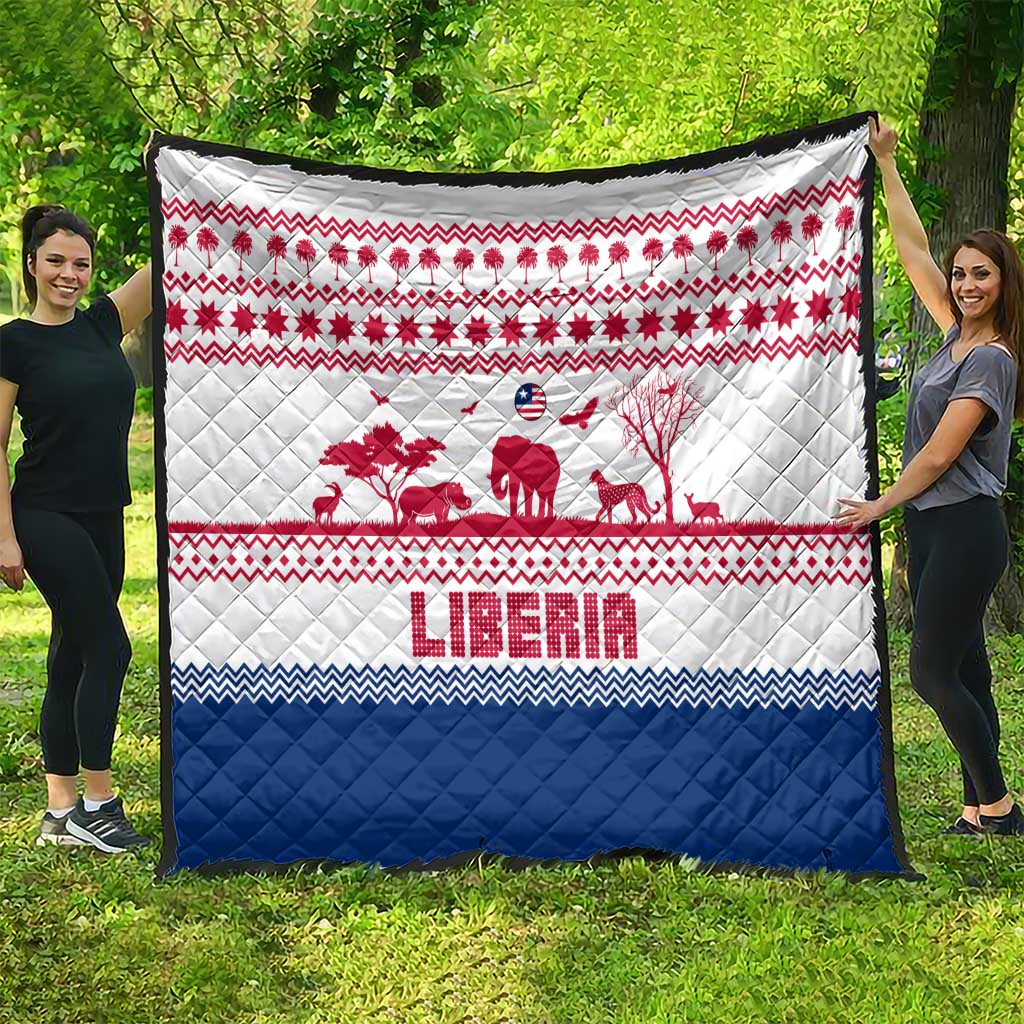 Liberia Christmas Quilt with Red Wildlife Silhouettes and White Blue Holiday - Wonder Print Shop
