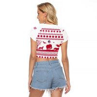 Liberia Christmas Raglan Cropped T Shirt with Red Wildlife Silhouettes and White Blue Holiday - Wonder Print Shop