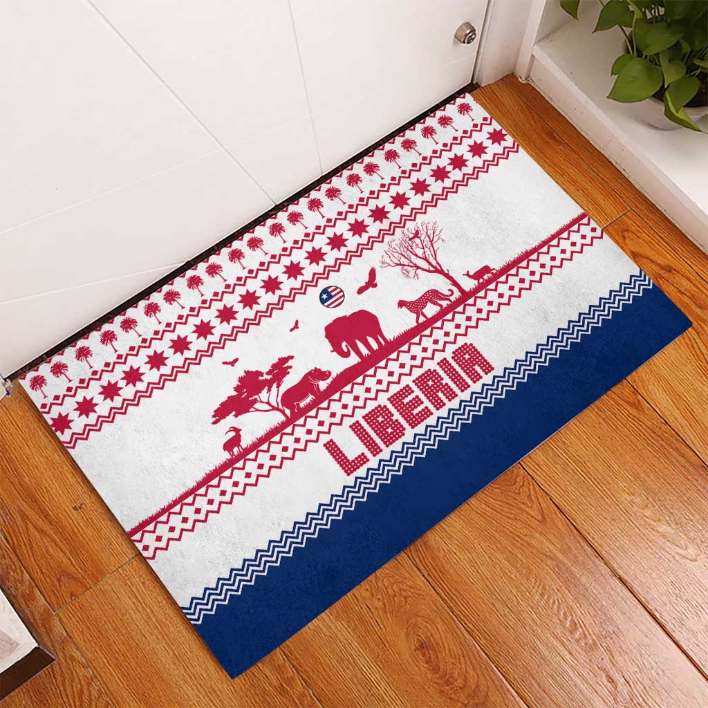 Liberia Christmas Rubber Doormat with Red Wildlife Silhouettes and White Blue Holiday - Wonder Print Shop