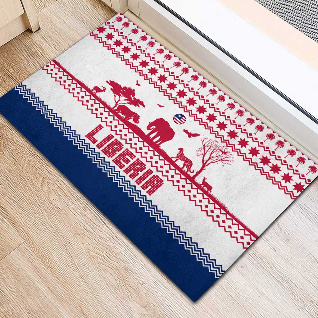 Liberia Christmas Rubber Doormat with Red Wildlife Silhouettes and White Blue Holiday - Wonder Print Shop