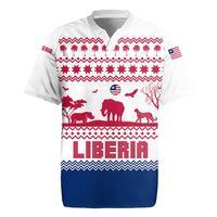 Liberia Christmas Rugby Jersey with Red Wildlife Silhouettes and White Blue Holiday - Wonder Print Shop
