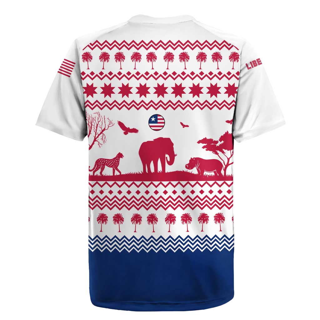 Liberia Christmas Rugby Jersey with Red Wildlife Silhouettes and White Blue Holiday - Wonder Print Shop