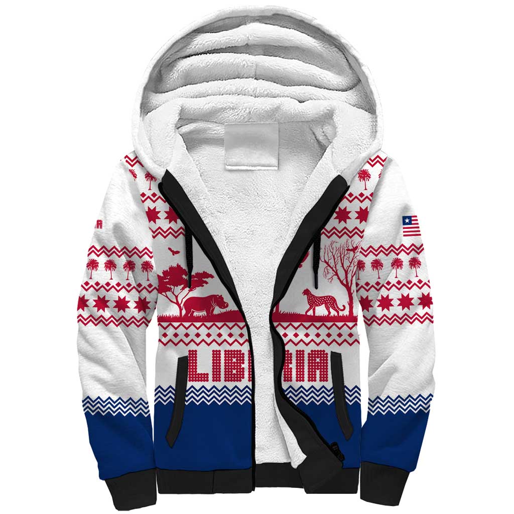 Liberia Christmas Sherpa Hoodie with Red Wildlife Silhouettes and White Blue Holiday - Wonder Print Shop