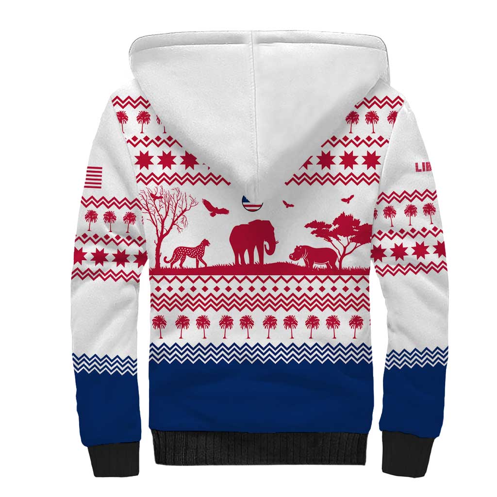 Liberia Christmas Sherpa Hoodie with Red Wildlife Silhouettes and White Blue Holiday - Wonder Print Shop