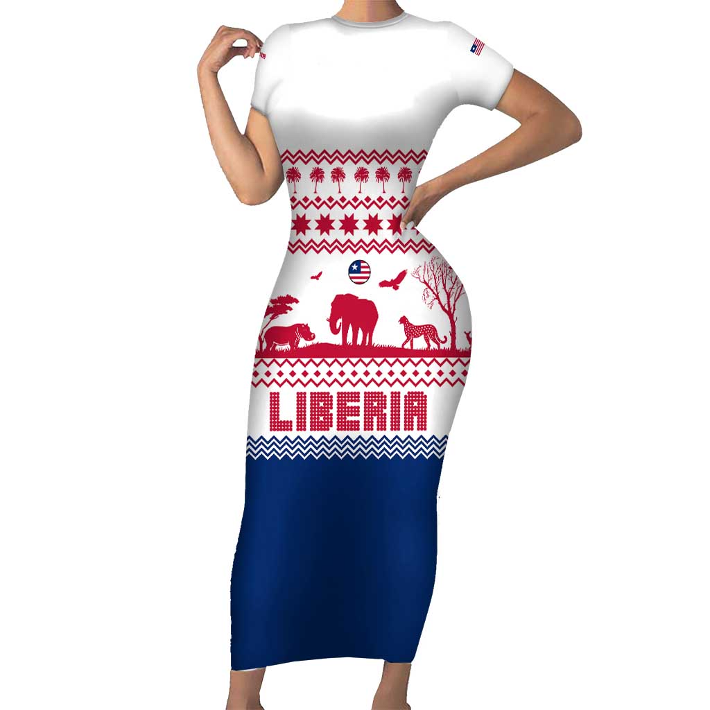 Liberia Christmas Short Sleeve Bodycon Dress with Red Wildlife Silhouettes and White Blue Holiday - Wonder Print Shop