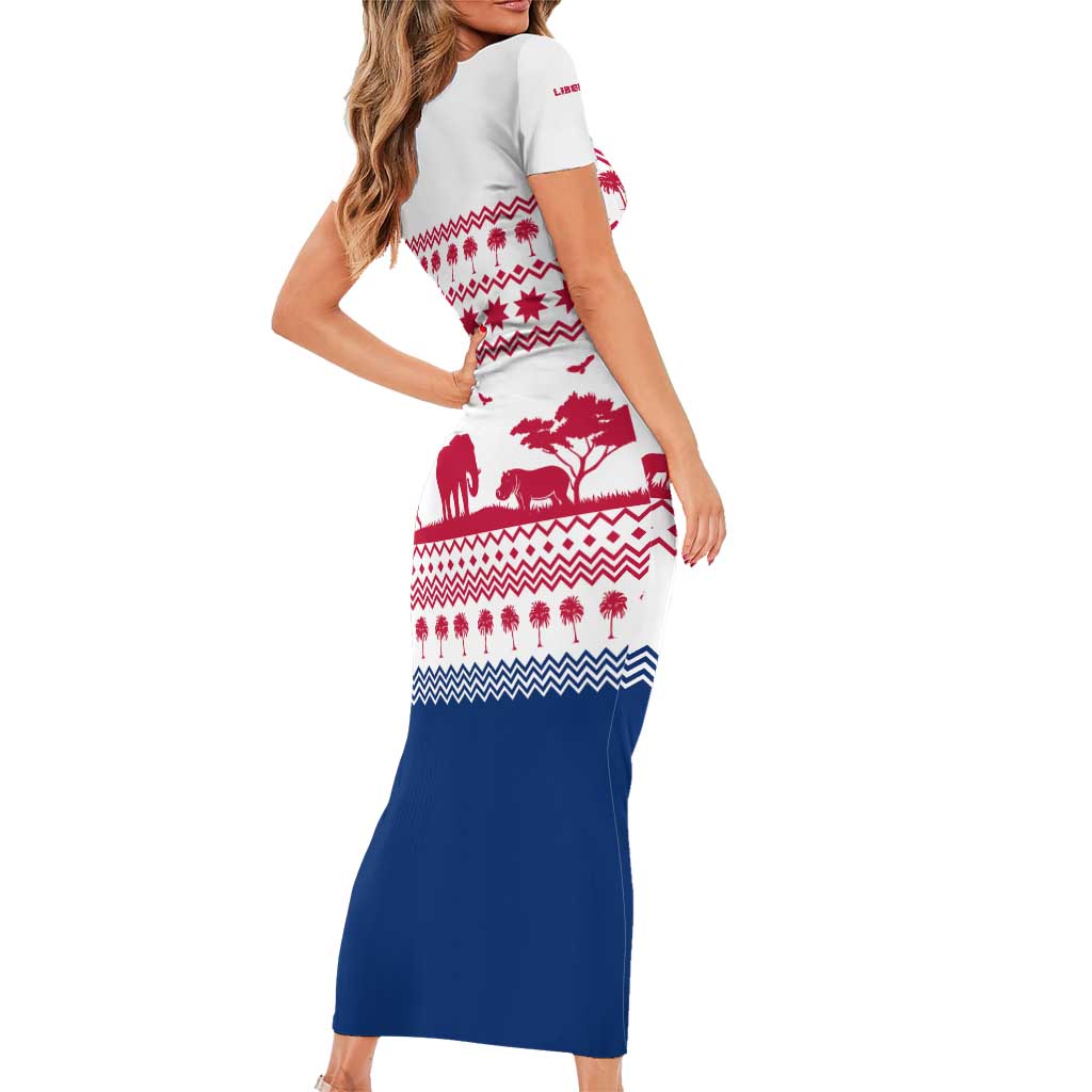 Liberia Christmas Short Sleeve Bodycon Dress with Red Wildlife Silhouettes and White Blue Holiday - Wonder Print Shop