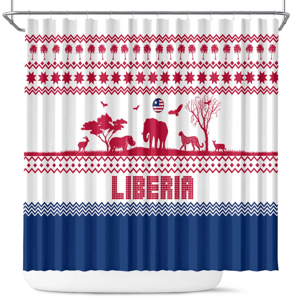Liberia Christmas Shower Curtain with Red Wildlife Silhouettes and White Blue Holiday - Wonder Print Shop